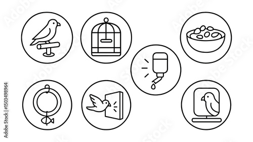 Line style icons of pets at home: vet visit icon, medical check badge, vaccination record ring, ear cleaning icon, teeth check circle, healthy weight scale, thermometer symbol, monthly check planner.