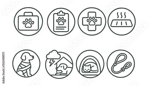 Line style icons of pets at home: pet emergency kit, vet contact list, pet first aid cross, cooling mat icon, anxiety wrap symbol, thunder calm space, safe hide zone, quick grab leash. Circular icons