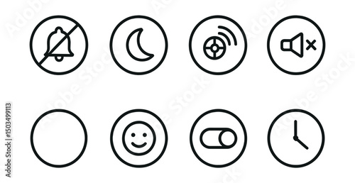 Line style icons of online communication: notification off badge, DND mode symbol, focus without ping icon, quiet status ring, set availability icon, custom status bubble, online/offline toggle,