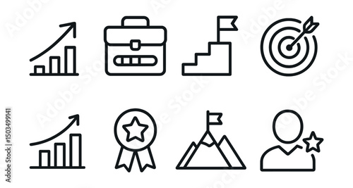 Line style icons of career and growth: upward arrow, briefcase with progress bar, steps with flag, target and path line, progress chart icon, goal achievement badge, career mountain, personal success