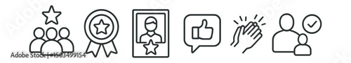 Line style icons of career and growth: team success icon, recognition badge, employee of the month icon, praise message, applause gesture, internal award cup, excellence trophy, peer nomination