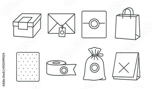 Line style icons of packaging and branding: kraft box with label, sealed envelope with brand tag, packaging with logo stamp, paper bag with handles, product wrap sheet, branded ribbon roll, reusable