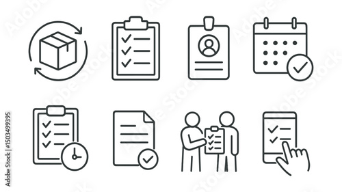 Line style icons of inventory management: inventory count cycle, regular audit checklist, physical verification badge, stocktake calendar, daily check-in log, count results file, team count process,