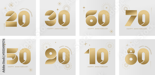 Minimalist anniversary cards with gold numbers on white background.