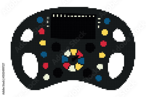 Pixel Steering Wheel with buttons, screen of Formula 1 racing car. Control of sports transport in 8-bit style. Retro game. Motorsport element. Isolated on white background. Color vector illustration