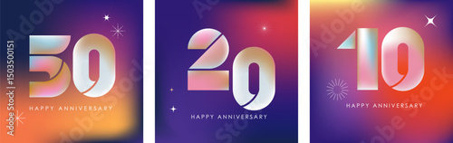 Square anniversary celebration cards with colorful gradient background