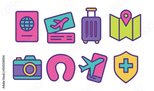 Two-Color vector icons of travel essentials: passport, boarding pass, suitcase, map icon, camera, travel pillow, flight mode, travel insurance.