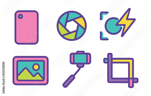 Two-Color vector icons of mobile photography: phone camera, shutter button, flash symbol, lens focus, image gallery, selfie stick, photo filter, editing crop.