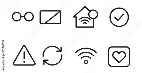 Line style icons of system status: connected icon, offline device symbol, home online badge, green check icon, warning triangle, update needed symbol, stable network icon, system health.