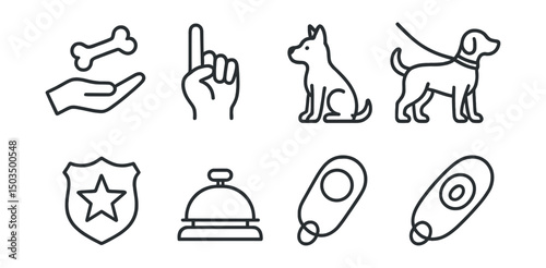 Line style icons of pet training: treat as reward, command hand, sit icon, stay command, leash training, obedience badge, training bell, clicker icon.