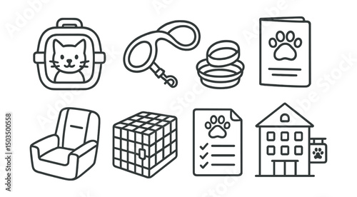 Line style icons of pet travel: pet in carrier, leash on the go, travel water bowl, pet passport, car seat for pets, crate icon, travel checklist, pet-friendly hotel.