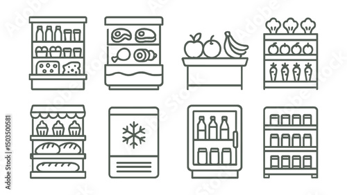 Line style icons of food categories: dairy shelf, meat section, fruits display, vegetable rack, bakery stand, frozen goods icon, beverage cooler, canned food aisle.