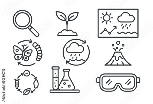 Line style icons of science for kids: magnifying glass, plant sprout, weather chart, water cycle, butterfly life stages, mini lab kit, volcano experiment, safety goggles.