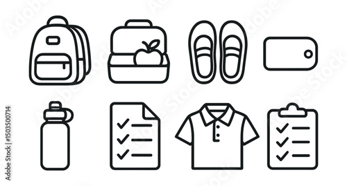 Line style icons of school preparation: backpack icon, lunchbox with fruit, indoor shoes, name label, water bottle, school supply list, uniform shirt, morning checklist.