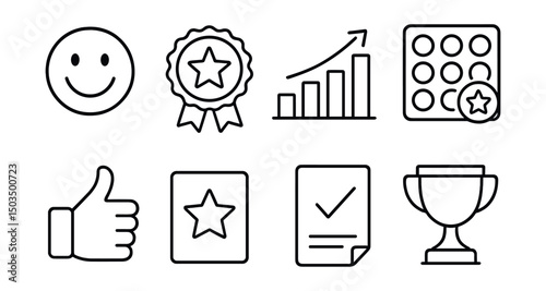 Line style icons of reward and encouragement: smiley sticker, gold star badge, achievement chart, token board, “great job” symbol, encouragement phrase card, positive note home, trophy icon.