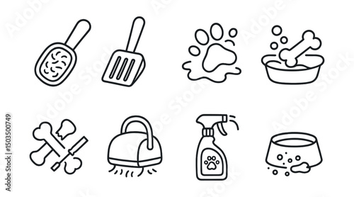 Line style icons of pet-related cleaning: pet hair brush, litter box scoop, muddy paw print icon, toy wash, chew mark fix, fur vacuum, pet cleaner spray, treat cleanup.
