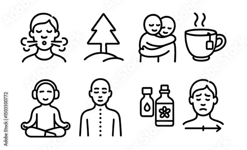 Line style icons of stress reduction: breathing exercise, nature icon, hug symbol, tea moment, guided meditation icon, body scan badge, essential oils, stress scale.