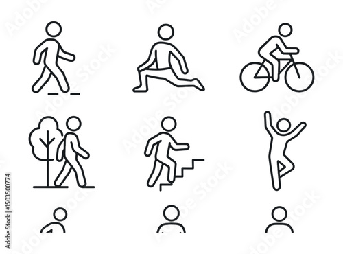 Line style icons of movement and activity: daily steps, yoga stretch, light jog, cycling icon, nature walk, stair climbing, dance for joy, mindful posture.