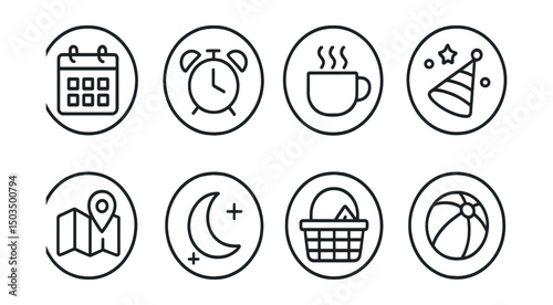 Line style icons of weekend and leisure in circles: free day icon, relaxation clock, slow morning ring, fun time badge, outing plan icon, weekend reset, picnic hour, playtime circle.