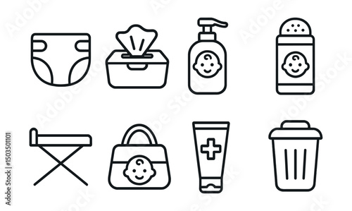 Line style icons of baby care: diaper, baby wipes, baby lotion, baby powder, changing table, diaper bag, rash cream, trash bin.