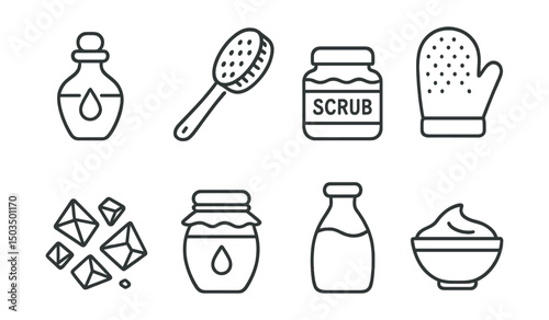 Line style icons of bathhouse: massage oil, wooden brush, body scrub icon, exfoliation mitt, salt crystals, honey jar, milk bath bottle, clay mask bowl.