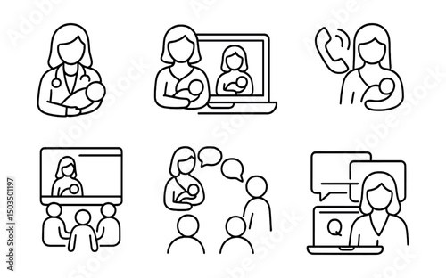 Line style icons of breastfeeding: lactation consultant icon, online breastfeeding support, hotline symbol, breastfeeding class, peer support circle, group chat icon, lactation webinar, Q&A with