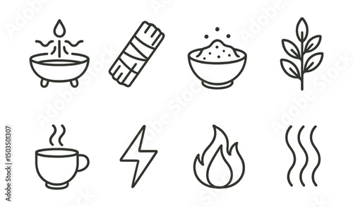 Line style icons of bath rituals: water blessing bowl, smoke cleansing stick, salt rub bowl, dried herbs icon, ritual cup, energy symbol, fire warmth icon, meditative steam.