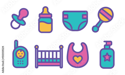 Two-Color vector icons of baby care: pacifier, baby bottle, diaper, rattle, baby monitor, crib icon, bib, baby lotion.