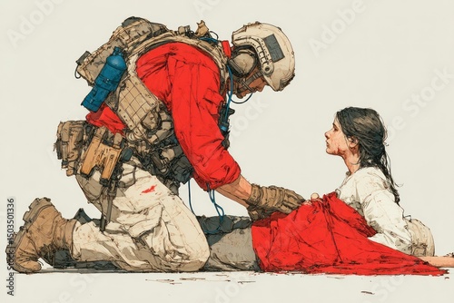Rescue Mission Soldier Kneeling Beside Injured Person with Red Blanket Military Gear and Comp