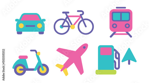 Two-Color vector icons of transportation: car, bicycle, bus, train, scooter, airplane, fuel pump, navigation arrow.