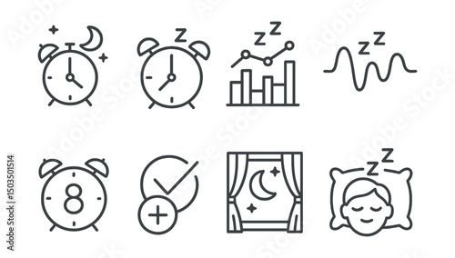 Line style icons of healthy sleep: early bedtime icon, consistent wake time, sleep cycle chart, sleep rhythm wave, 8-hour sleep icon, quality over quantity symbol, rest window, calm sleep line.