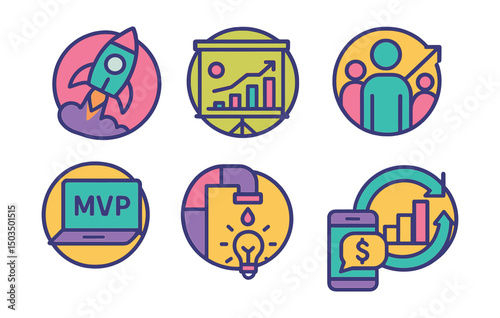 Two-Color vector icons of startup growth in circular design: rocket launch, funding chart, user growth, MVP icon, pitch deck, idea pipeline, investor call, growth loop.