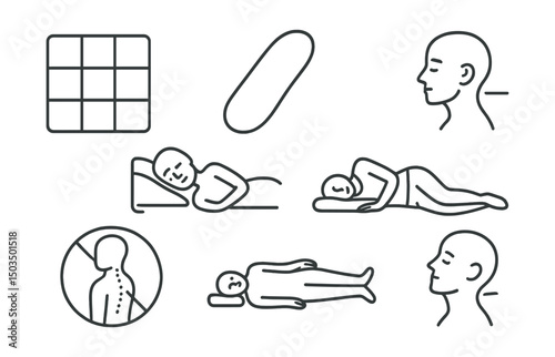Line style icons of healthy sleep: weighted blanket icon, body support pillow, head alignment icon, no back pain symbol, ergonomic sleep position, side sleep posture, relaxed limbs, supported neck.
