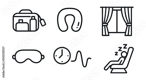 Line style icons of healthy sleep: traveling sleep kit, neck pillow, noise-blocking headphones, hotel curtain icon, travel sleep mask, time zone icon, jet lag wave, pre-flight rest icon.