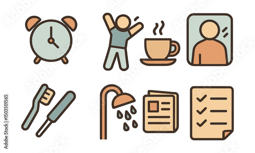 Outline with Fill vector icons of daily morning rituals: alarm clock, stretching person, coffee cup, mirror reflection, toothbrush, shower head, morning news, to-do list.