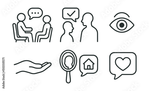 Line style icons of emotional recovery: talking to therapist icon, trusted friend speech bubble, deep listening ear, non-judgment eye, support hand icon, emotional mirror, safe space speech, open