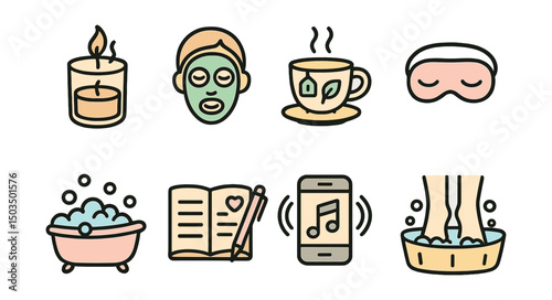 Outline with Fill vector icons of self-care evening routine: scented candle, face mask, herbal tea, sleeping mask, bubble bath, diary, calming music, foot soak.
