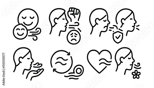Line style icons of emotional recovery: emotion + breath cycle, inhale courage icon, exhale sadness, breath and safety combo, breath and letting go icon, slow rhythm loop, heart with air symbol,