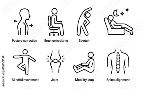 Line style icons of body care: posture correction icon, ergonomic sitting, stretch and care, long day relief, mindful movement icon, joint health symbol, mobility loop, spine alignment.