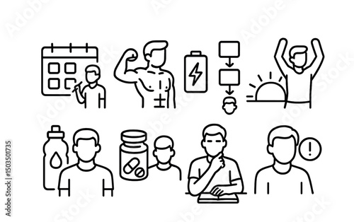 Line style icons of men’s health: morning routine planner, energy peak tracker, habit stacking icon, sunrise stretch, hydration reminder, supplement routine, daily reflection icon, priority focus.