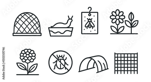 Line style icons of garden and greenhouse: insect net, slug barrier, sticky trap, companion plant icon, marigold flower, pest control icon, row cover, mesh fencing.