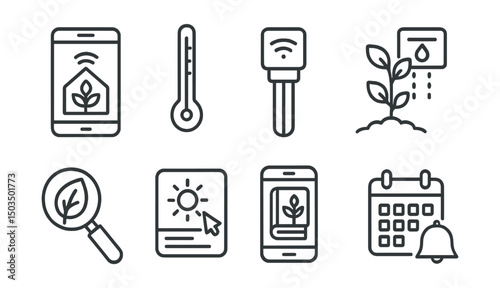 Line style icons of garden and greenhouse: greenhouse monitoring app, digital thermometer, sensor probe, smart watering system, plant health scan, light tracker icon, grow log app, garden reminder