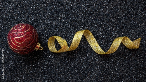 Festive Sparkle Red Ornament  Gold Ribbon on Glittering Black.
