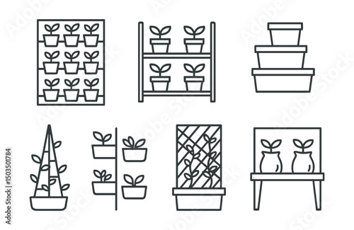 Line style icons of garden structures: vertical garden wall, planter shelf, hanging pots, stackable boxes, green tower frame, wall-mounted containers, balcony trellis, grow bag shelf.