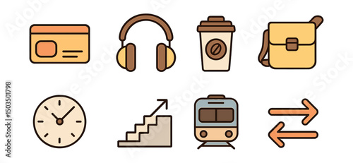 Outline with Fill icon set for pastel kitchen tools: spatula, measuring spoons, blender, mixing bowl, oven mitts, sugar canister, rolling pin, butter dish.
