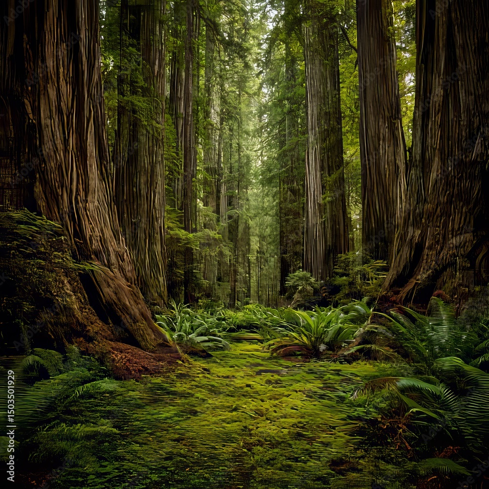 Fototapeta premium an ancient redwood forest with massive towering trees surrounded by green ferns and mosscovered ground