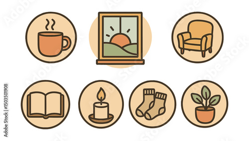 Outline with Fill vector icons of peaceful home mornings in circles: steaming mug, sunrise window, cozy chair, open book, candle flame, wool socks, journal pen, houseplant.