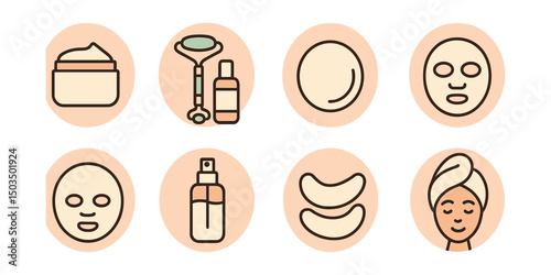 Outline with Fill vector icons of skincare essentials in circles: face cream, serum bottle, jade roller, cotton pad, face mask, toner spray, eye patches, towel wrap.