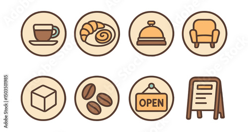 Outline with Fill vector icons of weekend café visit in circles: espresso cup, pastry plate, table bell, cozy chair, sugar cube, coffee beans, open sign, menu board.