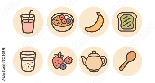 Outline with Fill vector icons of healthy breakfast in circles: smoothie glass, granola bowl, banana, avocado toast, chia pudding, berries, tea pot, wooden spoon.